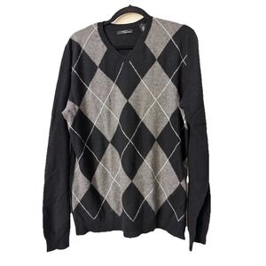 Men's Two AM Black Gray  Argyle 100% Cashmere‎ V-Neck Sweater Size M